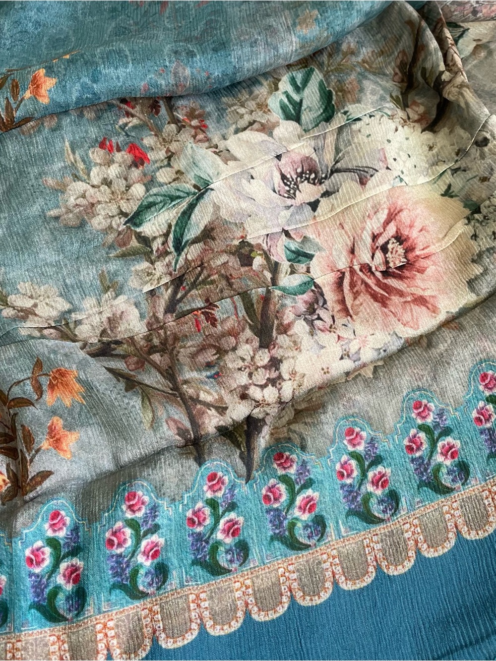 Silk Floral Printed Scarf Pashmina Colorful Teal 2.2y x 40"